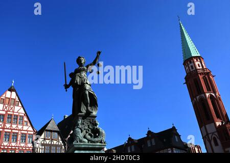 Statue, Marktplatz, frankfurt, justitia, Statuen, Marktplätze, frankfurts, Justiz, Frauenjustiz, Frauenjustiz Stockfoto