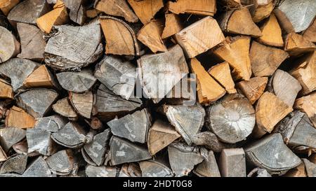 In einem Lagerhof gelagerte Holzstämme Diese Baumstämme werden eingeschnürt und gespeichert, um im Winter in einem Ofen zu verbrennen. Stockfoto