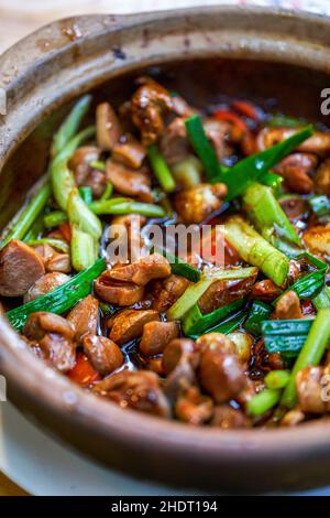 Ein Topf mit köstlichen authentischen traditionellen kantonesischen Gerichten in Chilipot, Huhn in Chilipot gemischt Stockfoto