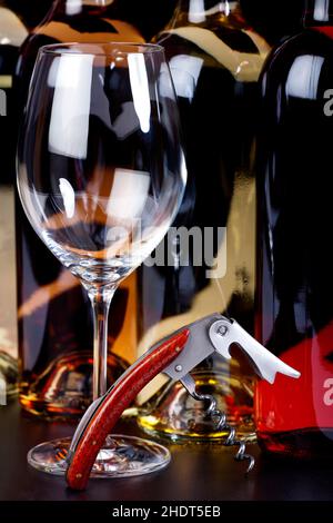 Wein, Weinglas, Korkenzieher, Weine, Glaswaren, Korkenzieher Stockfoto