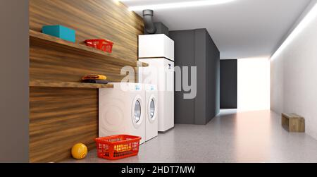 Eine moderne Luft-Wasser-Wärmepumpenheizung für private Haushalte, 3D-Illustration Stockfoto