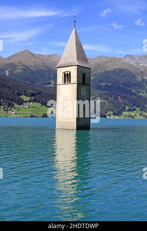 Kirchturm, reschensee, graun, Kirchtürme, Reschensee, Grauns Stockfoto