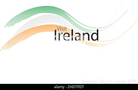 Der Slogan besucht Irland mit geschwungenen Wellen im Aquarellstil, die in den Farben der Nationalflagge stehen. Vektorgrafik Stock Vektor