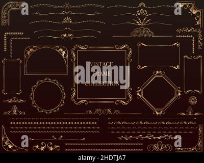 Satz von Vintage-Rahmen und Rahmen aus Gold auf schwarzem Hintergrund isoliert. Vektorgrafik. Stock Vektor