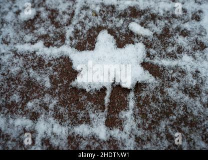 Frankfurt, Deutschland. Jan 7th 2022: Ein gefallenes Blatt wird morgens von den Flocken auf dem Bürgersteig bedeckt, da Schnee zu fallen beginnt. Hessen erwartet am Wochenende wechselhaftes Wetter mit Schnee, Regen und teilweise vielen Wolken. Foto: Frank Rumpenhorst/dpa/Frank Rumpenhorst/dpa Quelle: dpa picture Alliance/Alamy Live News Stockfoto