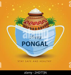 Tamil nadu Festival glücklich Pongal Reis Topf und Gesichtsmaske. corona Virus covid 19 Konzept. vektor-Illustration Design. Stock Vektor