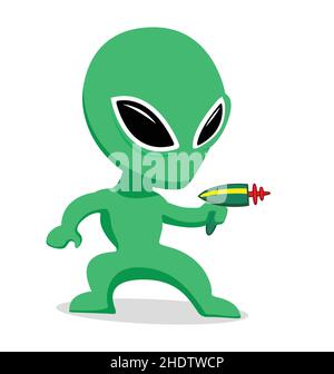 Nette kleine grüne Alien martian Cartoon-Charakter mit großen Augen und ray Laser Pistole Waffe Vektor auf weißem Hintergrund isoliert Stock Vektor