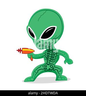 Nette kleine grüne Alien martian Cartoon-Charakter mit durchsichtiger Haut großen Augen und ray Laser Pistole Waffe Vektor auf weißem Hintergrund isoliert Stock Vektor