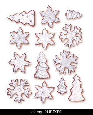 Süße Weihnachts-Lebkuchen-Kollektion mit weißer Zucker-Verzierung, isoliert auf weißem Hintergrund Stockfoto
