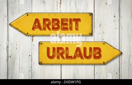 Arbeit, Urlaub, Wegweiser, Urlaubszeit, Arbeiten, Ferien, Wegweiser, Urlaubszeiten Stockfoto