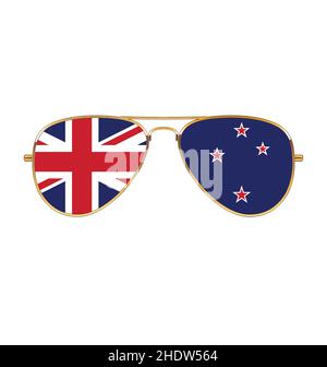 Coole Goldrand Rahmen Aviator Sonnenbrille mit Neuseeland Kiwi nz Flagge in Linsen Vektor isoliert auf weißem Hintergrund Stock Vektor