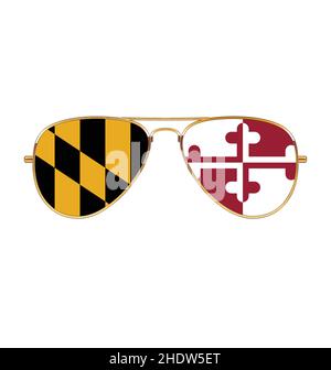 Coole Gold Rand Aviator Sonnenbrille mit Maryland MD Flagge in Linsen Vektor isoliert auf weißem Hintergrund Stock Vektor