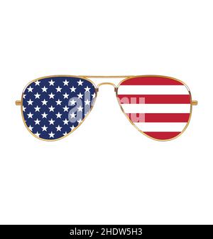 Coole Goldrand Rahmen Aviator Sonnenbrille mit USA Flagge in Linsen Vektor, isoliert auf weißem Hintergrund Stock Vektor