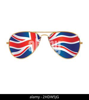 Coole Goldrand Rahmen Aviator Sonnenbrille mit uk Flag Union Jack Flagge in Linsen Vektor isoliert auf weißem Hintergrund Stock Vektor