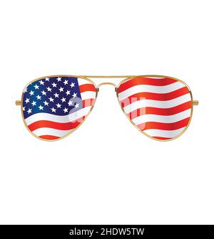 Coole Goldrand Rahmen Aviator Sonnenbrille mit USA Flagge in Linsen isoliert auf weißem Hintergrund Vektor Stock Vektor