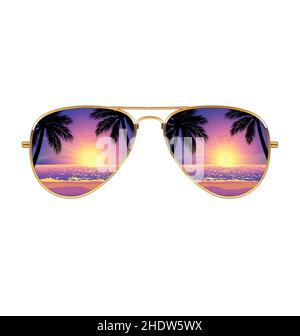 Cooler Sonnenuntergang Strand reflektiert in Aviator Sonnenbrille mit Spiegellinsen und goldenen Rahmen Vektor isoliert auf weißem Hintergrund Stock Vektor