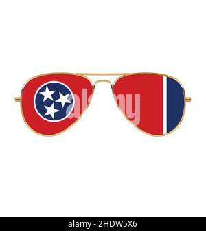 Coole einfache Aviator Sonnenbrille mit Tennessee TN State Flagge in Linsen mit goldenen Chromrahmen Felgen Vektor isoliert auf weißem Hintergrund Stock Vektor