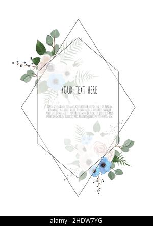 Design der Vorlage für eine Einladung zur botanischen Hochzeit, weiße und rosa Blumen auf weißem und schwarzem Hintergrund. Stock Vektor