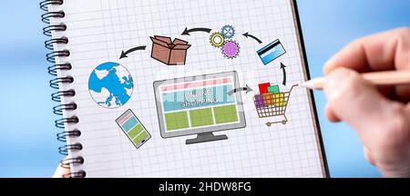 Handzeichnung Online-Shopping-Konzept auf einem Notizblock Stockfoto