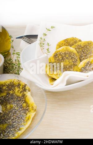 Vorspeise, Focaccia-Brot, Zatar, Vorspeisen, Focaccia-Brot Stockfoto