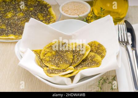 Focaccia-Brot, Sumac, Manouche, Focaccia-Brot Stockfoto