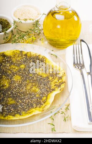 Focaccia Brot, arabische Küche, Zatar, Focaccia Brot, arabische Küche, arabisches Essen Stockfoto