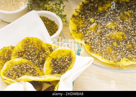 Focaccia Brot, Zatar, Focaccia Brot Stockfoto