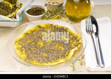 Focaccia Brot, Zatar, Focaccia Brot Stockfoto