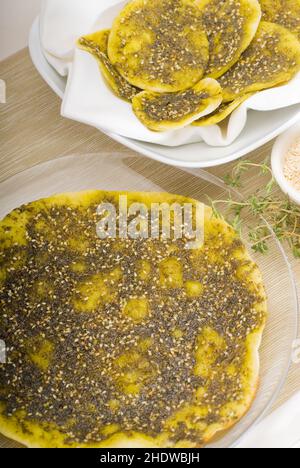 Vorspeise, Focaccia-Brot, Zatar, Vorspeisen, Focaccia-Brot Stockfoto