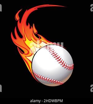 Schnell fliegende flammende Baseballbaseball-Logo auf schwarzem Hintergrund Vektor isoliert auf weißem Hintergrund Stock Vektor