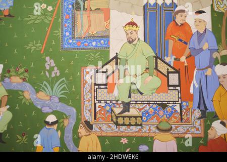 Ein Detail in einem Gemälde, auf dem Timur Gäste empfängt. Im Amir Timur Museum in Taschkent, Usbekistan. Stockfoto