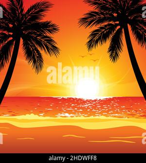 Warm tropischen Strand orange rot Sonnenuntergang mit Palmen Silhouetten Küste Szene im Vordergrund Vektor Hintergrund Stock Vektor
