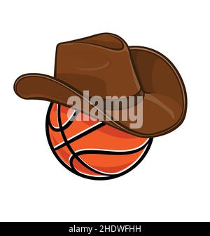 Cartoon stilisierte orange Basketball mit schwarzen Streifen tragen Cowboy stetson Hut T-Shirt Grafik Design Vektor Illustration isoliert auf weißem Hintergrund Stock Vektor