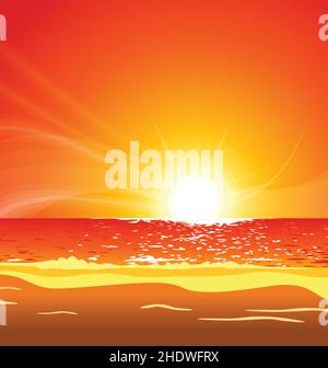 Warm rot orange tropischen Strand Sonnenuntergang Szene Vektor Stock Vektor
