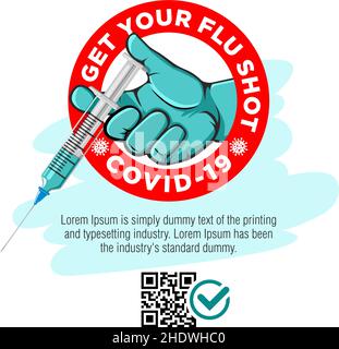 Hand des Arztes oder der Krankenschwester in einem medizinischen Handschuh injizieren Sie einen Impfstoff gegen Coronavirus. QR-Code Gesundheitspass. Impfkampagne gegen Coronavirus-Poster Stock Vektor