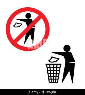 Nicht streut keine Littering Zeichen Mann Putting Müll in den Papierkorb Papierkorb Papierkorb Symbol Logo einfachen Vektor isoliert auf weißem Hintergrund Stock Vektor