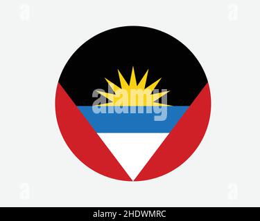 Antigua und Barbuda Round Country Flagge. Zirkuläre Antiguanische und Barbudan-Nationalflagge. Antigua und Barbuda – Banner mit Kreisform. EPS-Vektordarstellung Stock Vektor