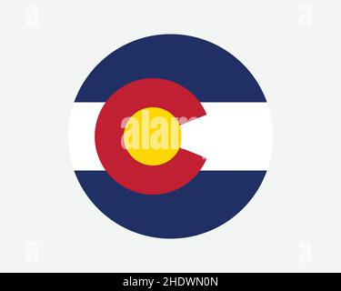 Colorado USA Runde Staatsflagge. CO, US Circle Flag. Kreisförmiges Knopfbanner, Bundesstaat Colorado, Vereinigte Staaten von Amerika. EPS-Vektorgrafik. Stock Vektor