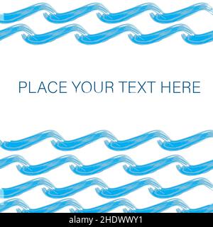 Vektorvorlage für Ozeanwellen mit Platz für Text. Hand gezeichnet gemalt horizontal nahtlose Meereswellen-Rahmen Abstrakt stilisierte marine Design in Schattierungen von Stock Vektor