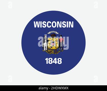 Wisconsin USA Runde Staatsflagge. WI, US Circle Flag. Kreisförmiges Knopfbanner im Bundesstaat Wisconsin, Vereinigte Staaten von Amerika. EPS-Vektorgrafik Stock Vektor