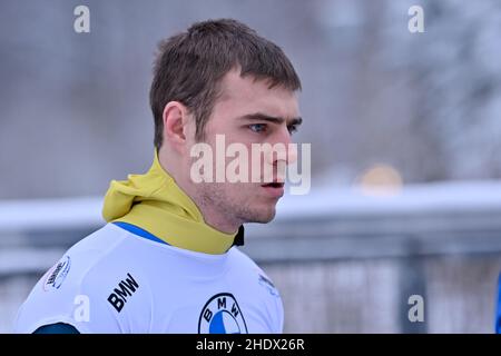 Winterberg, Deutschland. 07th Januar 2022. WINTERBERG, DEUTSCHLAND - 7. JANUAR: Vladyslav Heraskevych aus der Ukraine tritt beim BMW IBSF Bob & Skeleton Weltcup 21/22 auf der VELTINS-Eisarena am 7. Januar 2022 in Winterberg, Deutschland, im Männerskelett an (Foto: Patrick Goosen/Orange Picics) Quelle: Orange Pics BV/Alamy Live News Stockfoto