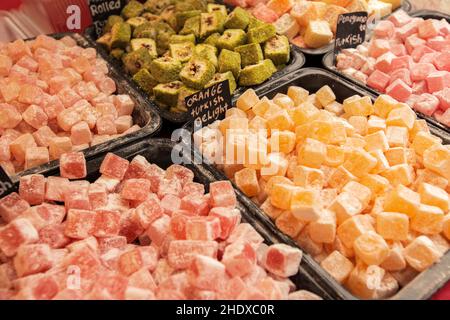 Süßigkeiten, Marktstände, Lokum, Süßigkeiten, Marktstände, Lokums, türkisches Vergnügen Stockfoto