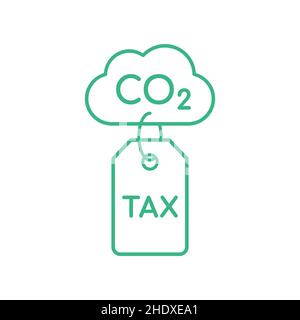 CO2 Steuerzeilen-Symbol. CO2-Steuerlabel an einer Wolke angebracht. Besteuerung von Umweltverschmutzung. CO2 Emissionsausgleich. Vektor, Illustration, flach. Stock Vektor