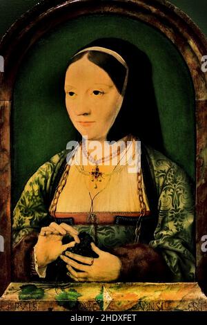 Beide Porträts werden dem deutschen Maler Joos van Cleve zugeschrieben.1487-1541 später in seinem Leben ging er in Antwerpen zur Arbeit und starb dort um 1541. Belgien, Belgien, Flämisch (auch die Untersuchung der auf den Listen abgebildeten Wappen hat keine Klarheit gebracht. Aus den reichen Kleidern und Schmuckstücken lässt sich ableiten, dass es sich um wohlhabende Menschen handelt. ) Von Joos van Cleve (auch Joos van der Beke) Stockfoto