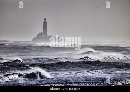 St. Mary's Lighthouse Whitley Bay, eine Küstenstadt in North Tyneside, Tyne & Wear, England, aufgenommen von Blyth Stockfoto