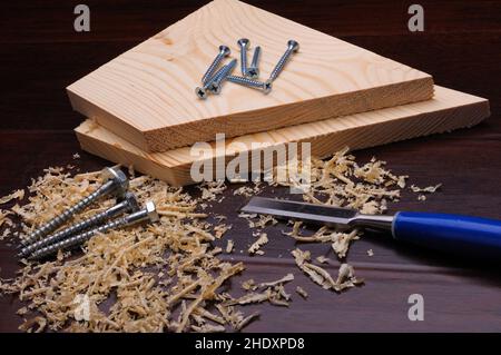 Holzspan, Zimmerei, Beitel, Zimmerleute Stockfoto