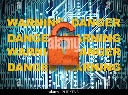 Warnung, Angriff, Hacker, Computerkriminalität, Datendiebstahl, Virenschutz, Angriffe, Hacker, Computerkriminalität, Datendiebstähle, Diebstahl, Virenschutz Stockfoto