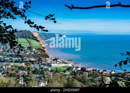 Sidmouth Bay vom Peak Hill aus gesehen. Stockfoto