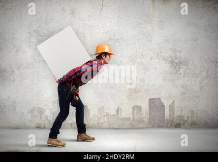 Tragen, Bauarbeiter, Last, tragen, blauer Kragen, baumeister, Bauarbeiter, Bauarbeiter, Arbeiter, Lasten Stockfoto