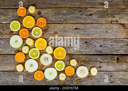 Holzbretter, Obstscheibe, Holzbrett Stockfoto